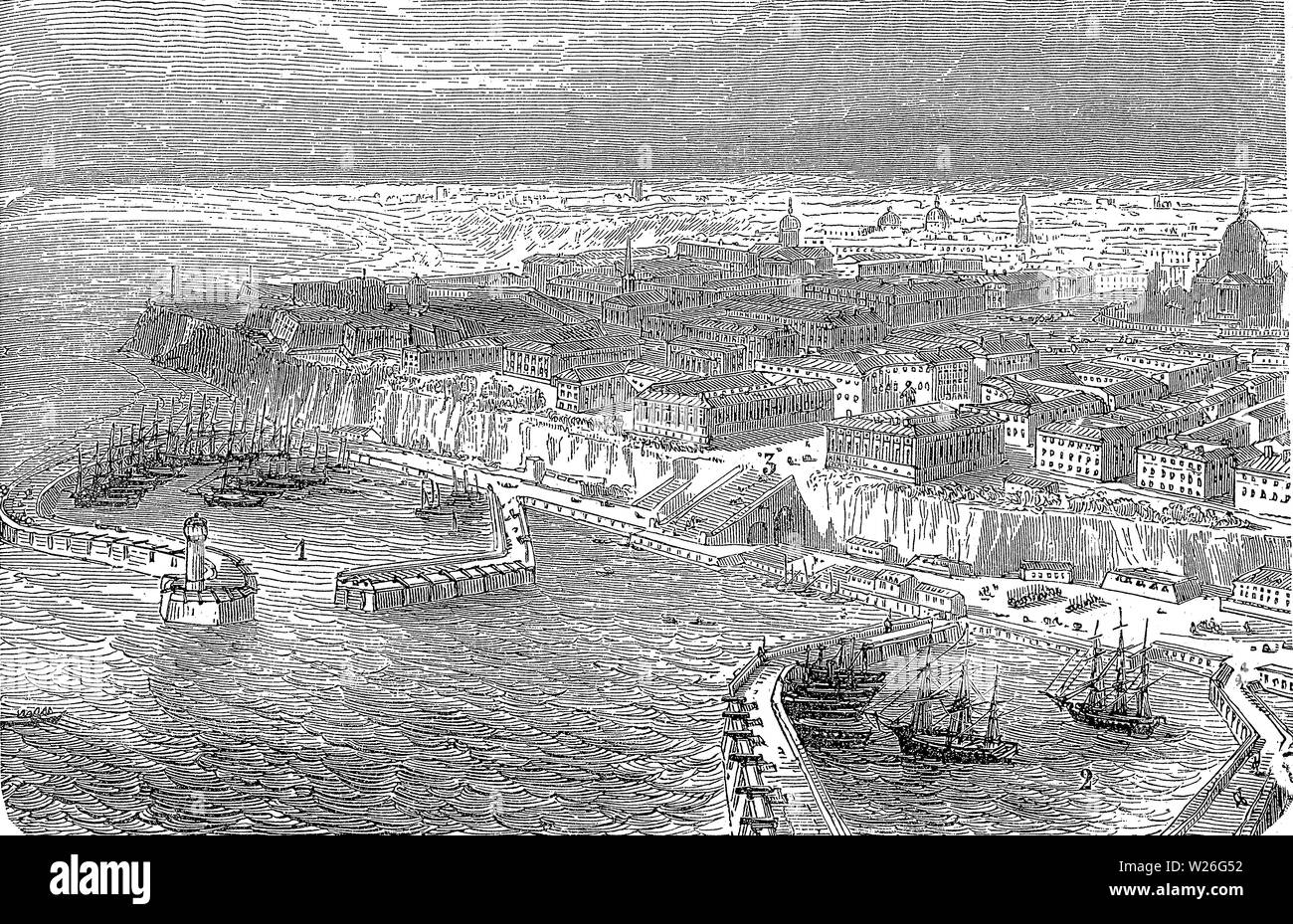 Panoramablick auf den Hafen von Odessa am Schwarzen Meer und die Stadt hinter, 19. Jahrhundert Stockfoto