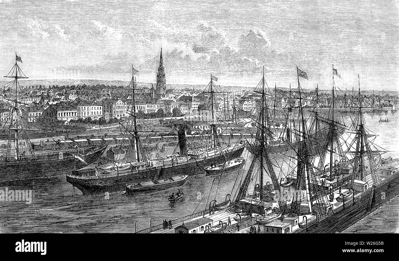 Panoramablick auf bremenhaven Seehafen der Freien Hansestadt Bremen an der Mündung der Weser im 19. Jahrhundert Stockfoto