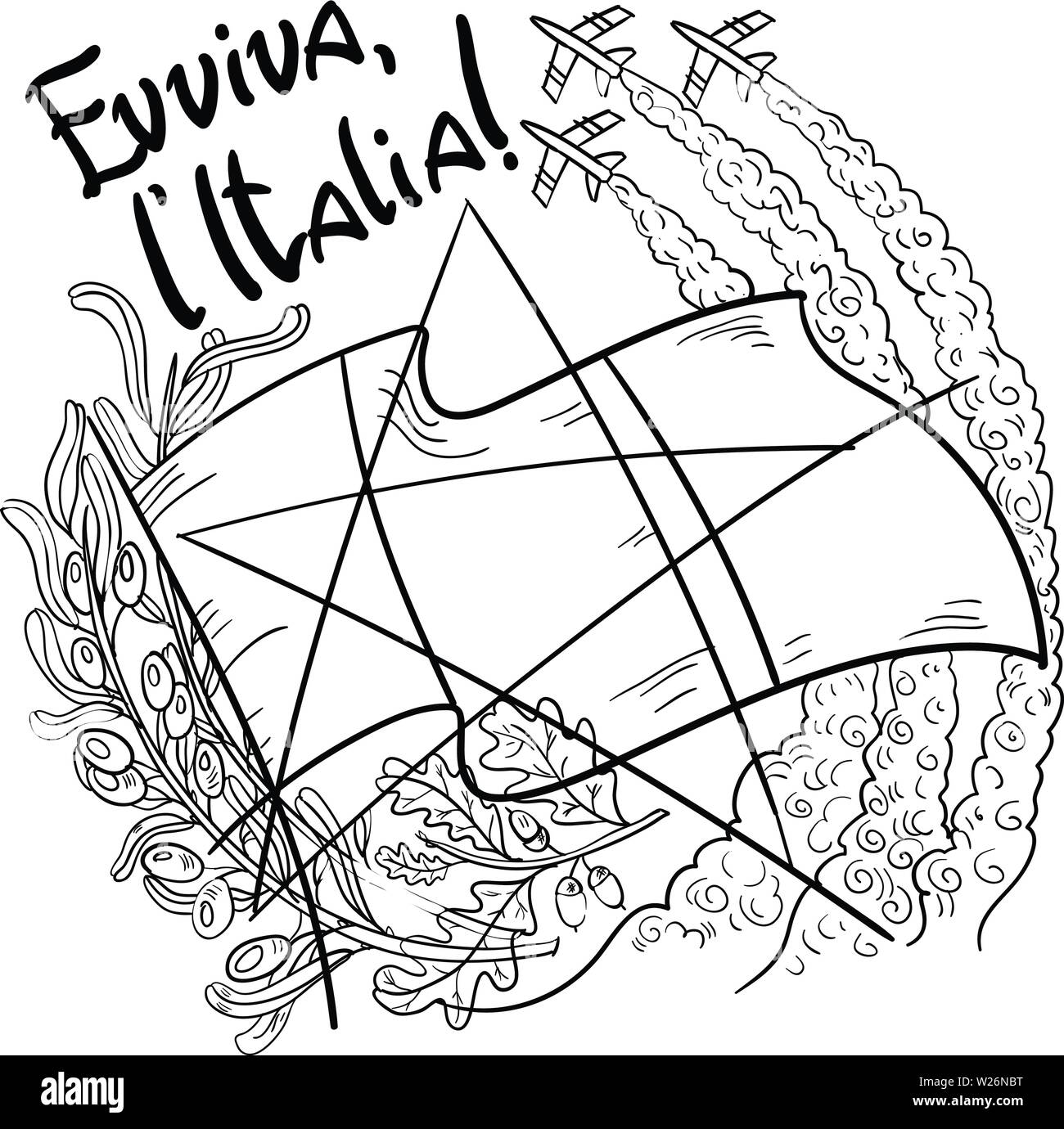 Symbole von Italien - Frecce Tricolori Dreifarbige Pfeile in den Himmel, Olive Branch, Eiche, Flagge und Stern. Vector Illustration. Stock Vektor