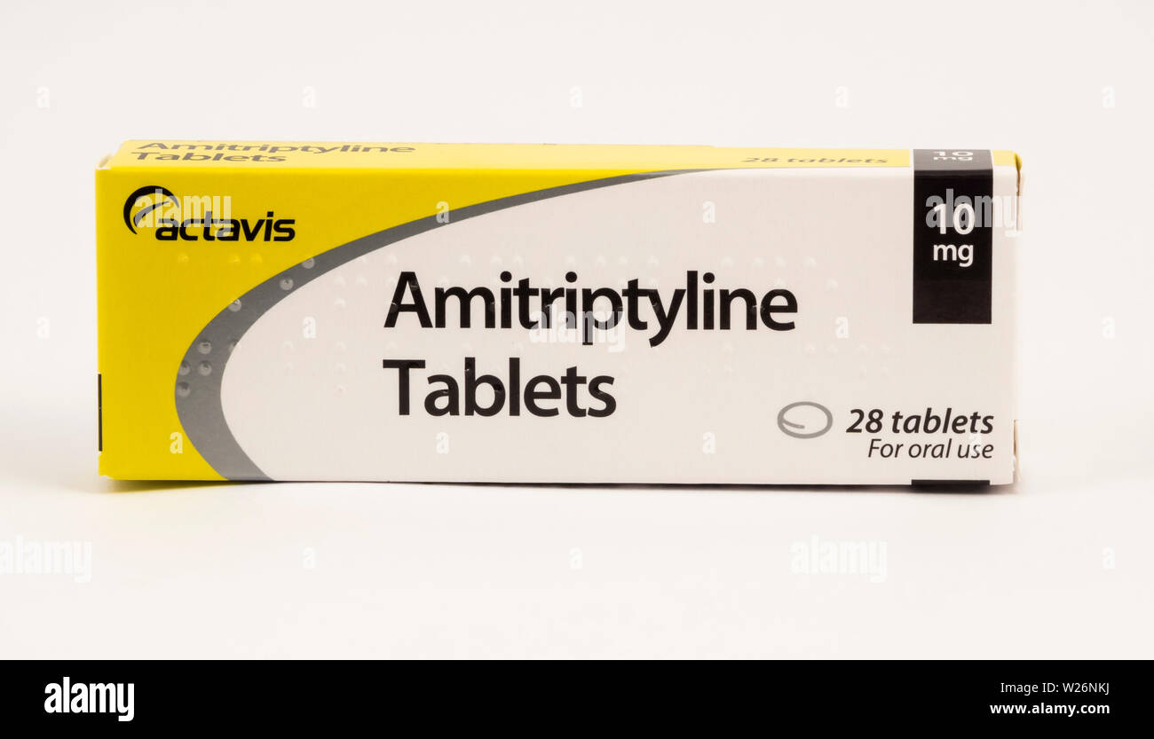 Amitriptylin - ein Antidepressivum Medizin. Es wird benutzt, Niedergeschlagenheit und Depressionen zu behandeln. Bei niedrigen Dosen kann es für die Schmerzen eingesetzt werden. Stockfoto