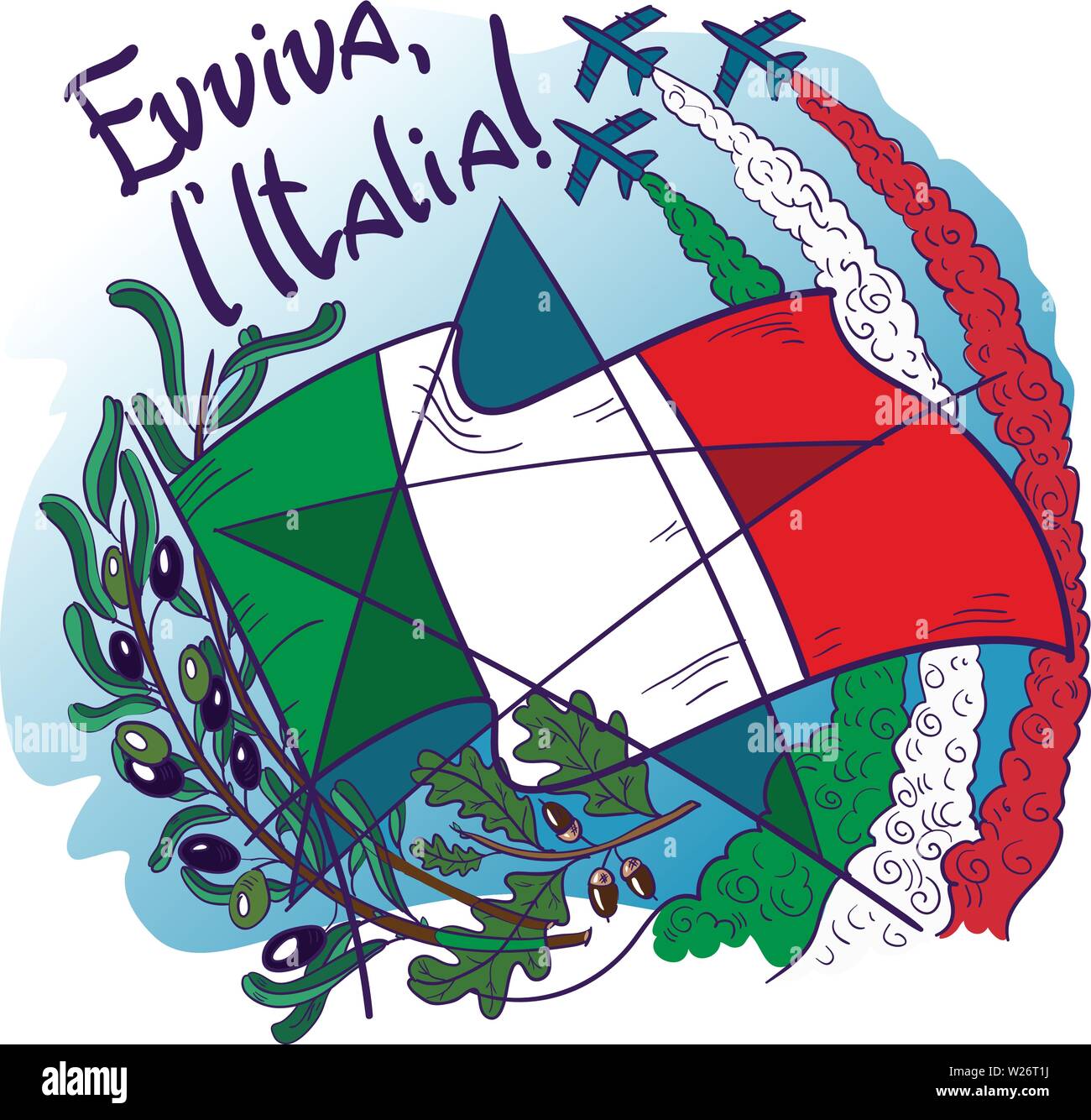 Logo enthält Symbole von Italien - Frecce Tricolori Dreifarbige Pfeile in den Himmel, Olive Branch, Eiche, Flagge und Stern. Vector Illustration. Stock Vektor