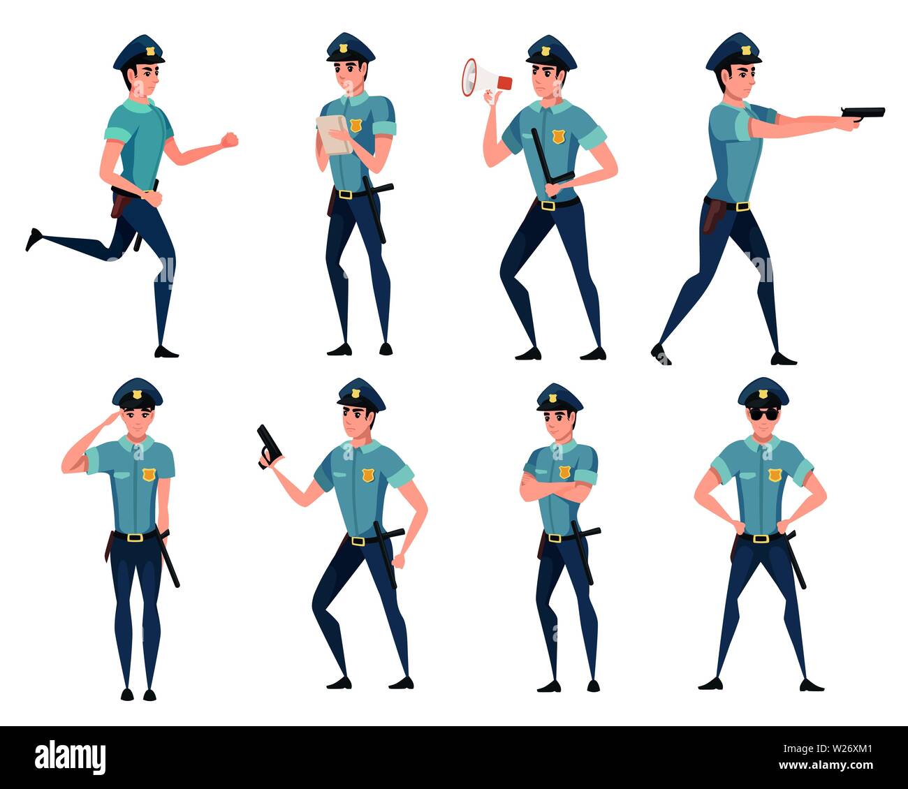 Einstellen des Polizeibeamten in unterschiedlichen Posen und Tragen einer dunkelblauen Hose Hellblau shirt Cartoon Character Design flachbild Vector Illustration. Stock Vektor