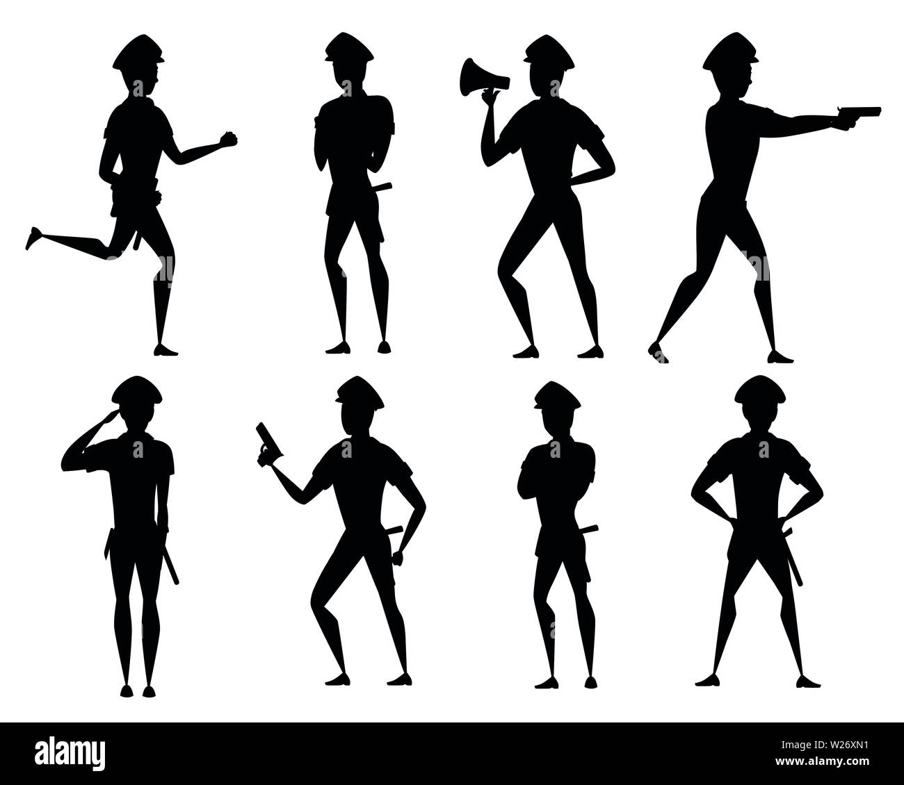 Schwarze Silhouette der Polizeioffizier in unterschiedlichen Posen und Tragen einer dunkelblauen Hose light shirt Cartoon Character Design flachbild Vector Illustration. Stock Vektor