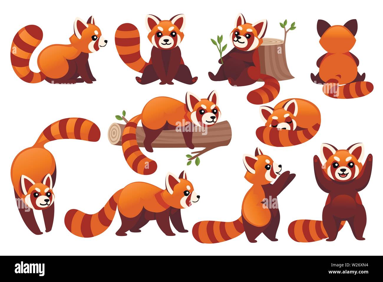 Satz von cute adorable red Panda in unterschiedlichen Posen cartoon design Tier Charakter flachbild Vektor stil Abbildung auf weißen Hintergrund. Stock Vektor