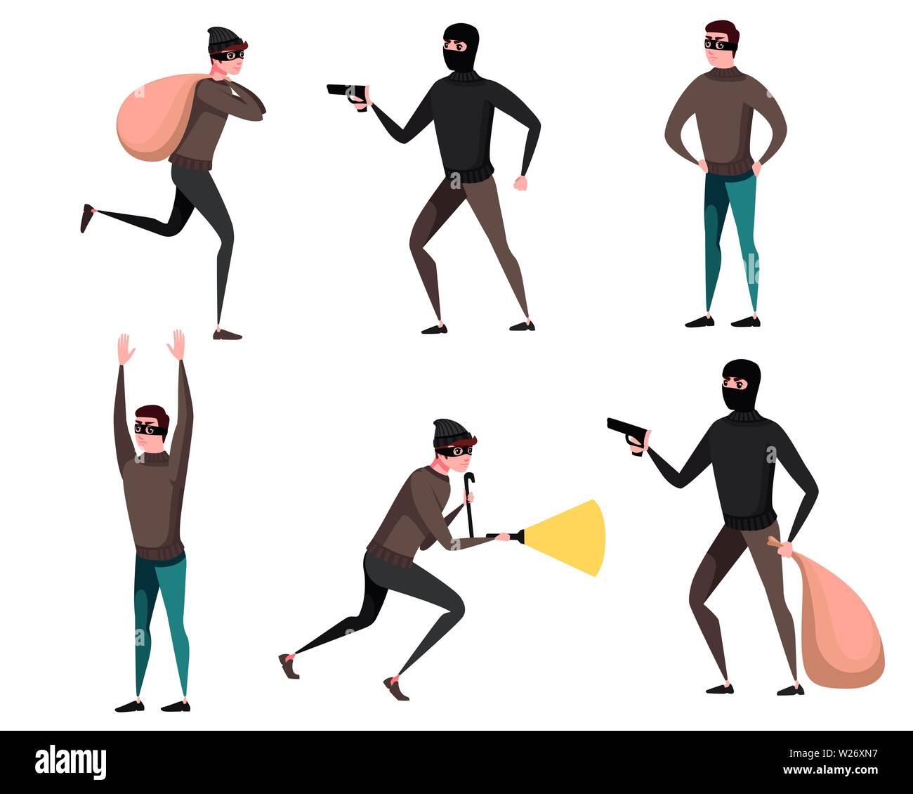 Der Dieb beim Diebstahl holding Tasche in der einen Hand und Pistole in der anderen Hand Cartoon Character Design flachbild Vector Illustration. Stock Vektor