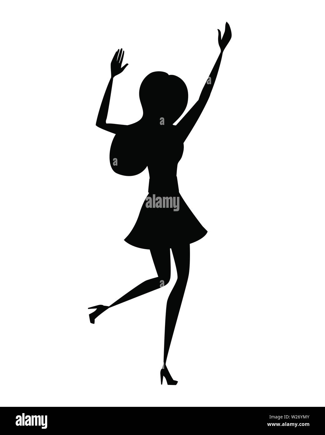 Schwarze silhouette Frau in Freizeitkleidung mit erhobenen Armen Cartoon Character Design flachbild Vector Illustration auf weißem Hintergrund. Stock Vektor