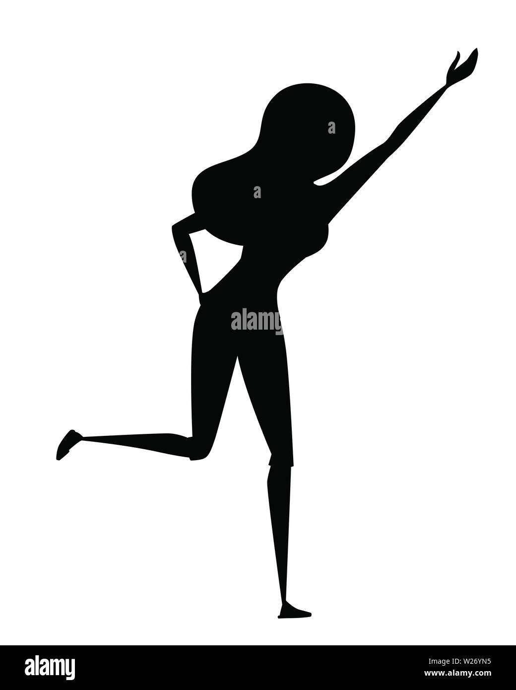Schwarze silhouette Frau in Freizeitkleidung mit erhobenen Armen Cartoon Character Design flachbild Vector Illustration auf weißem Hintergrund. Stock Vektor