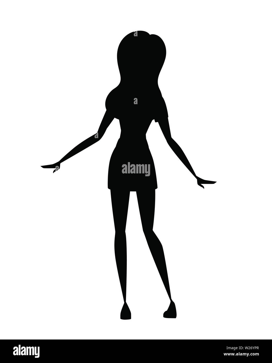 Schwarze silhouette junge Frau legere Kleidung verbreitet ihre Hände Cartoon Character Design flachbild Vector Illustration auf weißem Hintergrund. Stock Vektor