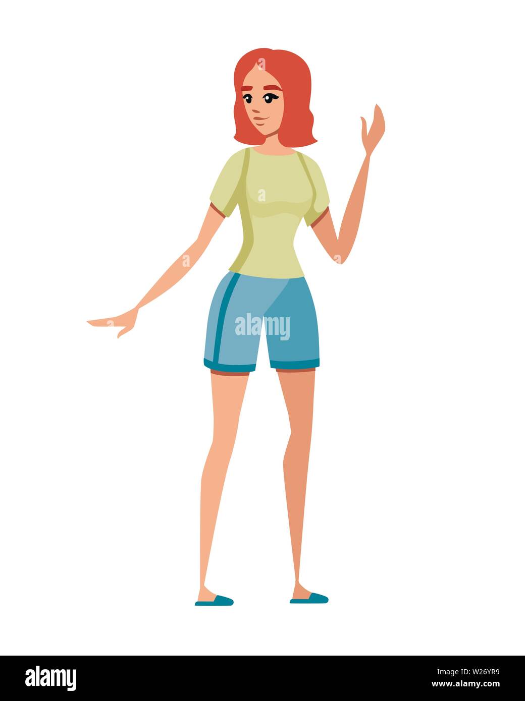 Glückliche Frau in Freizeitkleidung mit auferweckt arm Cartoon Character Design flachbild Vector Illustration auf weißem Hintergrund. Stock Vektor