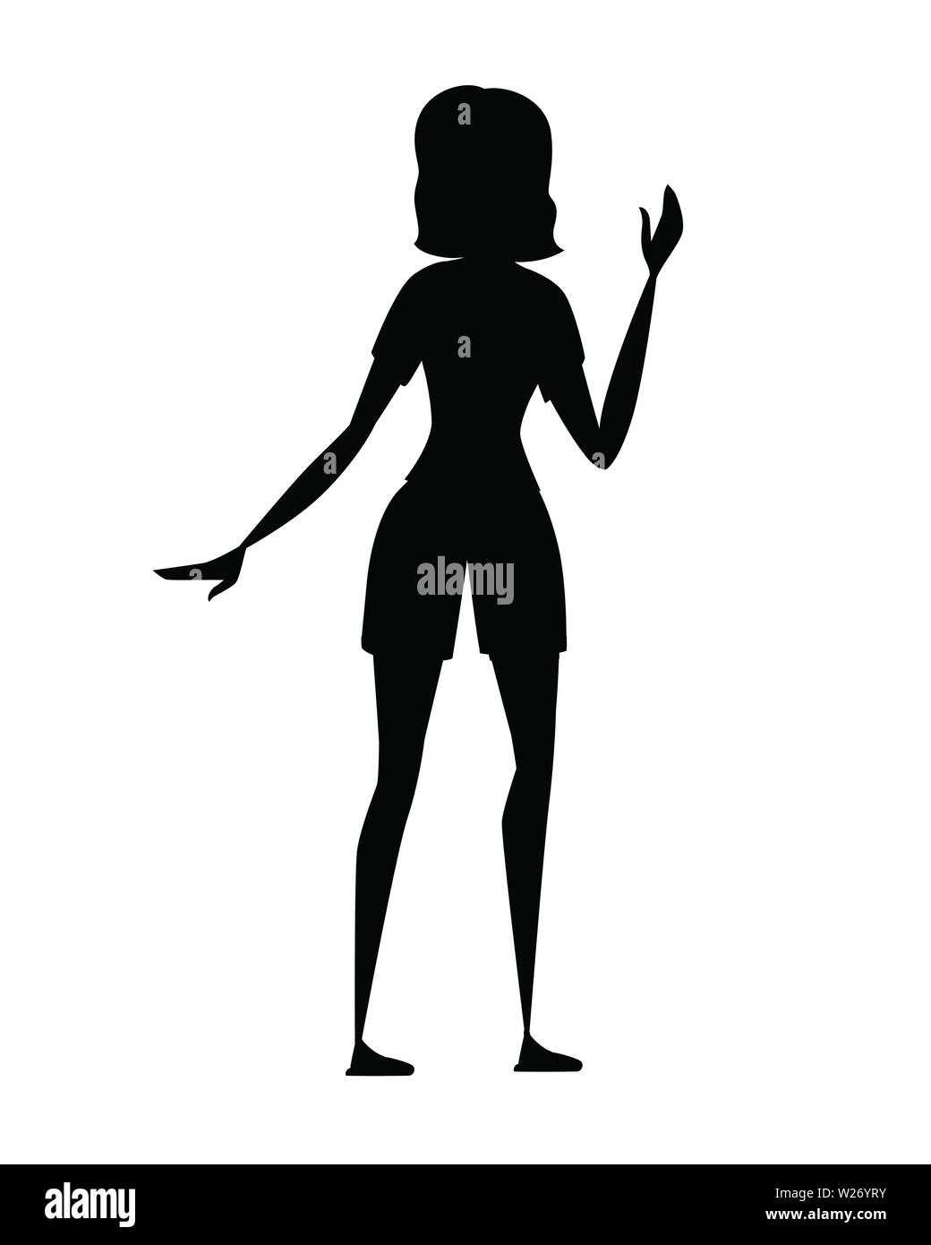 Schwarze silhouette Frau in Freizeitkleidung mit auferweckt arm Cartoon Character Design flachbild Vector Illustration auf weißem Hintergrund. Stock Vektor