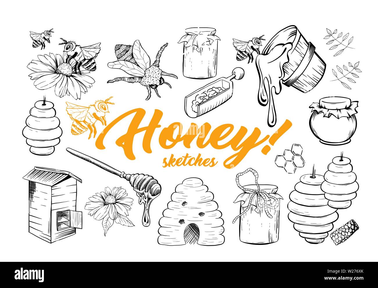 Honig Skizzen Bienenstock Honigtopf Fass Topf Loffel Und Blume Hand Gezeichnet Biologische Produkte Fur Logo Schwarzer Umriss Gravur Elemente Vintage Isoliert Vector Illustration Stock Vektorgrafik Alamy