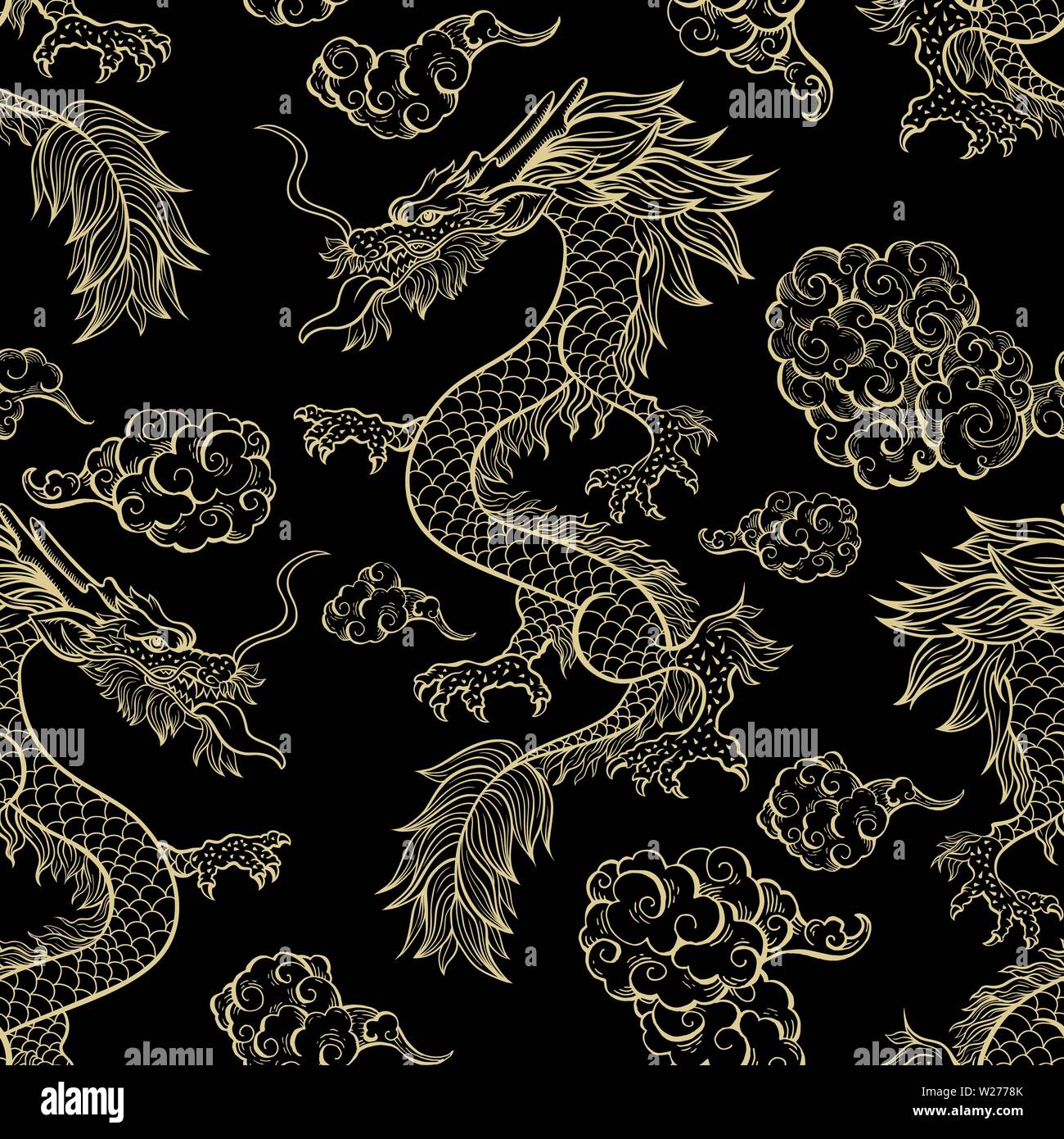 Oriental Dragon fliegen in Wolken nahtlose Muster. Traditionelle Chinesische mythologisches Tier handgezeichnete Illustrationen. Golden festival Schlange auf roten Hintergrund. Verpackung Papier, Tapeten, textile Design Stock Vektor