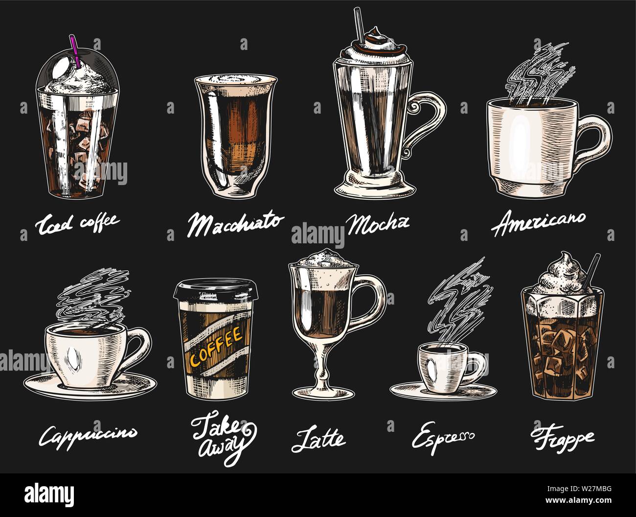 Eingestellt von Tassen Kaffee im Vintage Style. Nehmen Sie Cappuccino und Glace, Espresso und Latte, Mokka und Americano, Frappe in einem Glas. Hand gezeichnet Stock Vektor