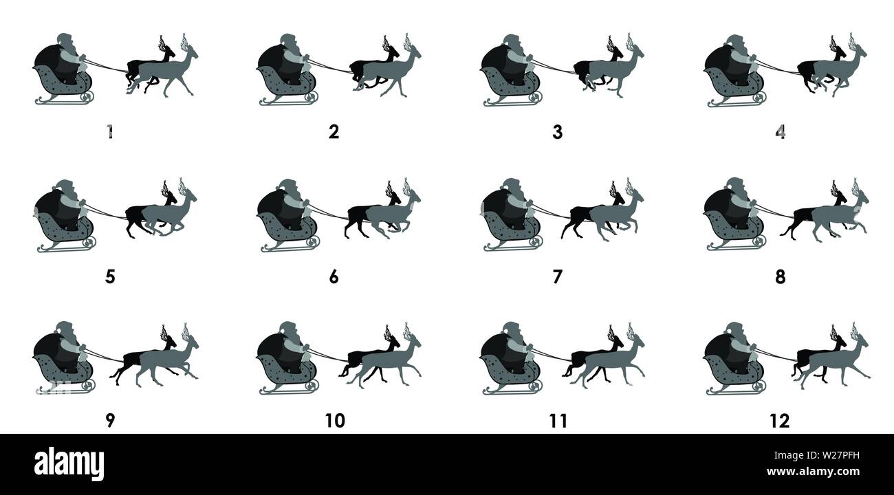 Santa Sleigh mit Reinem Rehe RUN Cycle Animation Sequenz, Loop Animation Sprite Sheet Stock Vektor