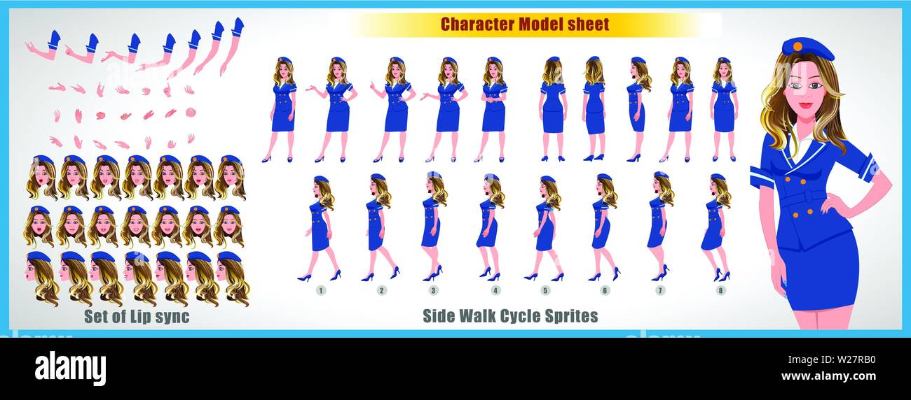 Air Hostess Character Model Sheet mit Walk Cycle Animation Sequence Stock Vektor