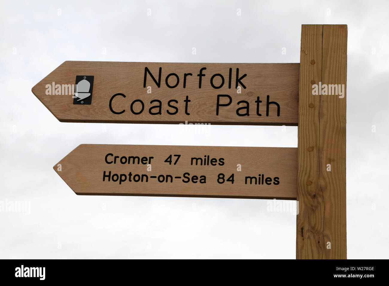 Norfolk Coast Path, Acorn Vertrauen, Zeichen, Hunstanton Klippen zu Cromer, Norfolk, England Stockfoto