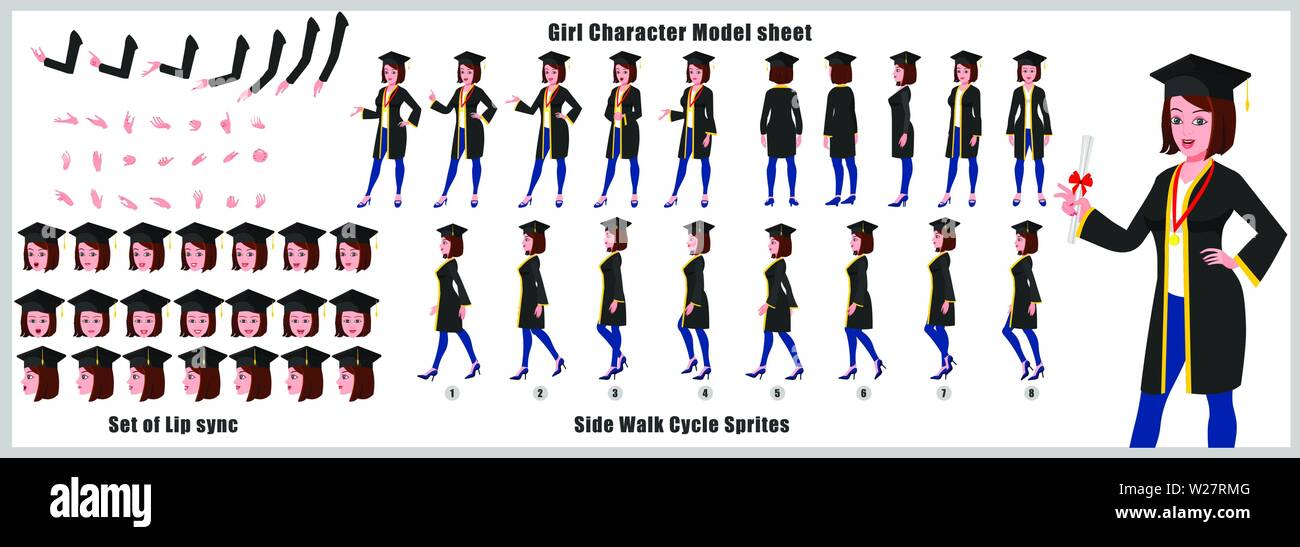 Mädchen Student Character Model Sheet mit Walk Cycle Animation Sequence Stock Vektor