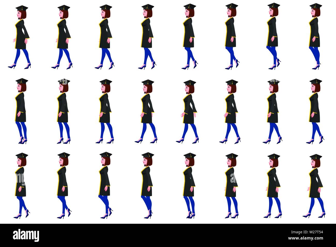 Mädchen Student Character Walk Cycle Animationssequenz, Loop Animation Sprite Sheet Stock Vektor