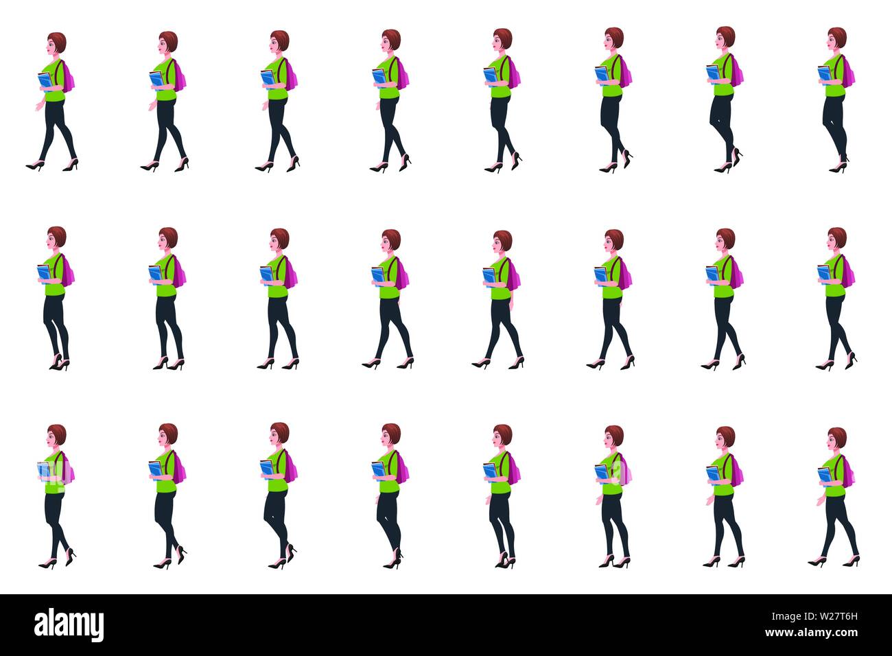 Mädchen Student Character Walk Cycle Animationssequenz, Loop Animation Sprite Sheet Stock Vektor