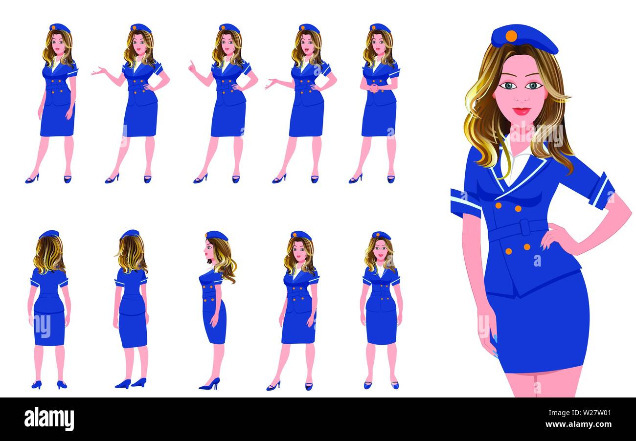 Air Hostess Character Model Sheet turnarround Stock Vektor