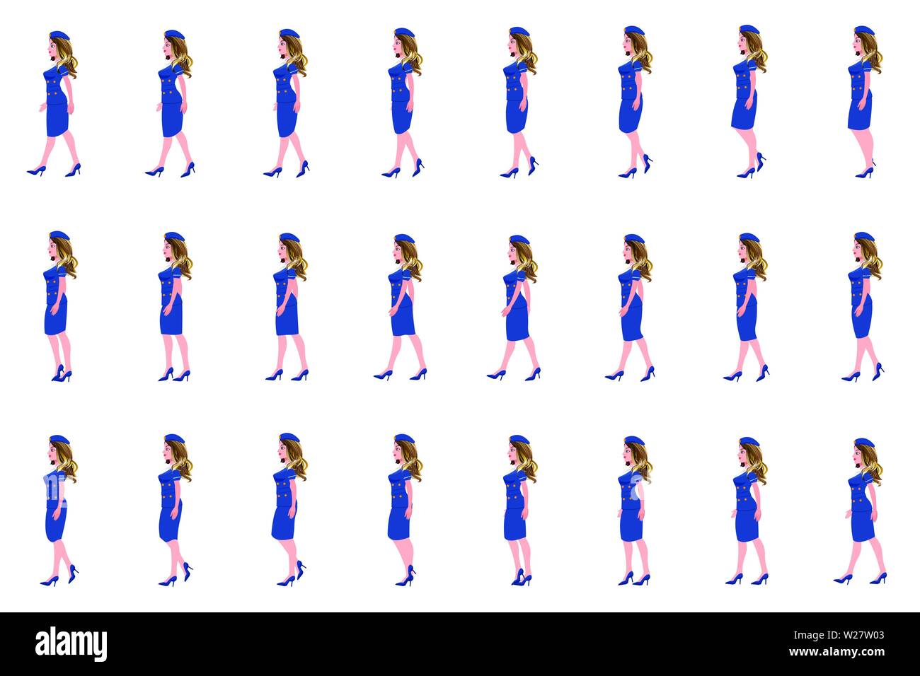 Air Hostess Character Walk Cycle Animation Sequence, Loop Animation Sprite Sheet Stock Vektor