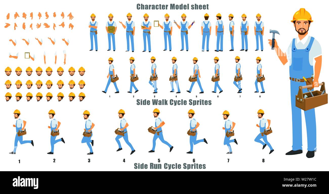 HandyCharacter Modellblatt mit Walk-Cycle und Run Cycle Animationssequenz Stock Vektor