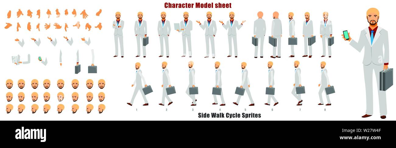 Modellblatt für Geschäftsmannzeichen mit Animationssequenz für den Laufzyklus Stock Vektor