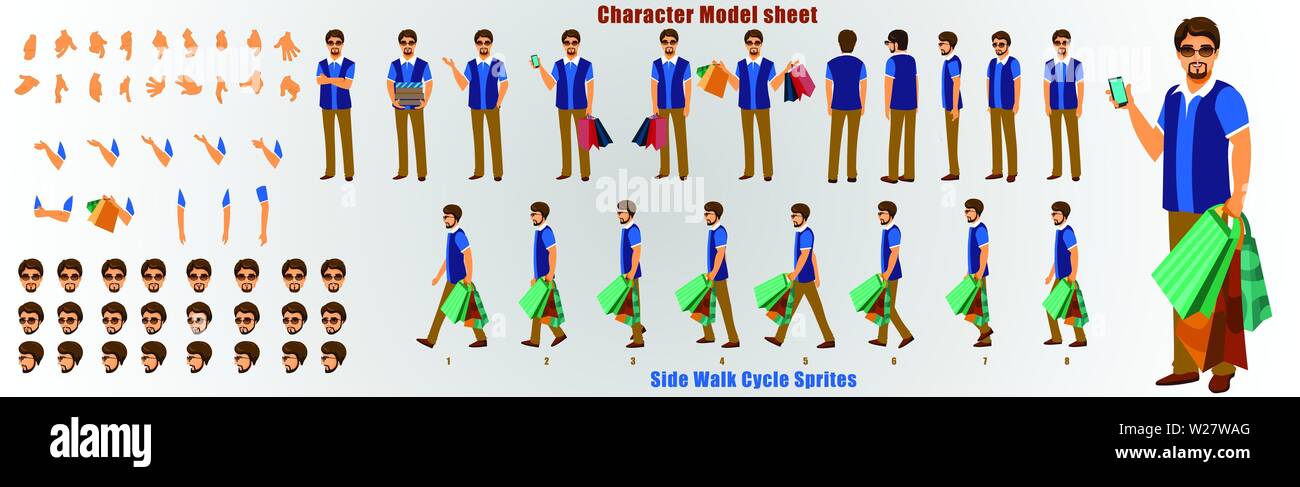 Shopping man Character Model Sheet mit Walk Cycle Animation Sequence Stock Vektor