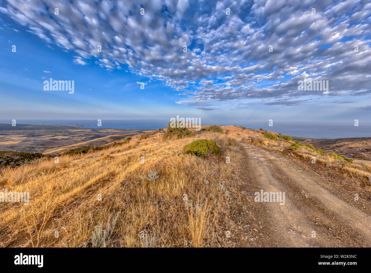 Rocky Road, über Hügel, durch mediterrane Landschaft auf der Insel Zypern mit Blick auf das Meer im Hintergrund. Die heiße semi-ariden Klima hat die BSh corr Stockfoto