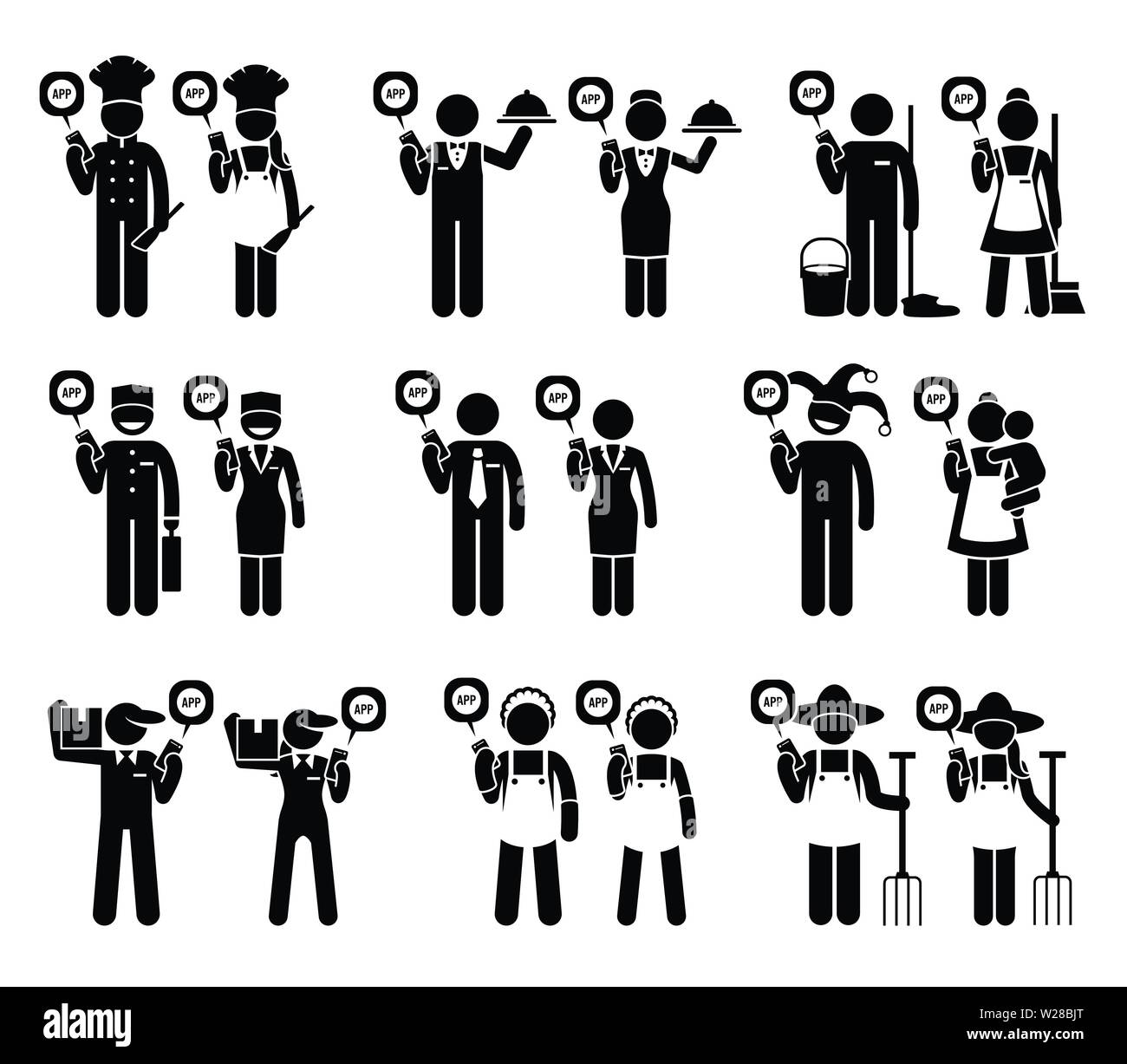 Verschiedene jobs, Berufe und Menschen aus verschiedenen Branchen mit mobile App für ihre Arbeit. Koch, Kellner, Hausmeister, Kindermädchen, Putzfrau, Post, f Stock Vektor