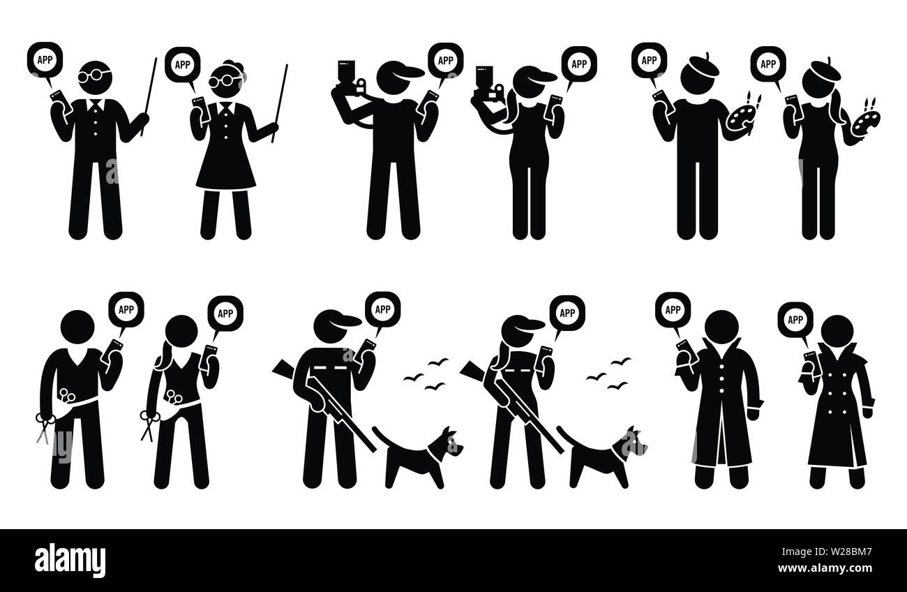 Menschen aus verschiedenen Berufen und Jobs mit mobile App für ihre Werke. Vektorgrafiken stellt Lehrer, Fotograf, Maler, Künstler, Hairstylist Stock Vektor