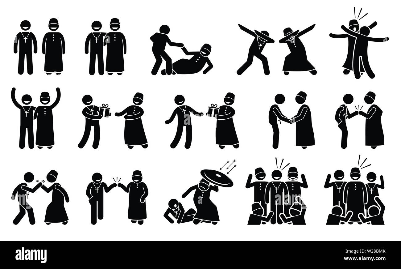 Die muslimischen und christlichen Menschen gemeinsam und füreinander sorgen. Vektor Illustrationen zeigen, die gegenseitige Achtung zwischen Islam und christlicher Religion für Stock Vektor