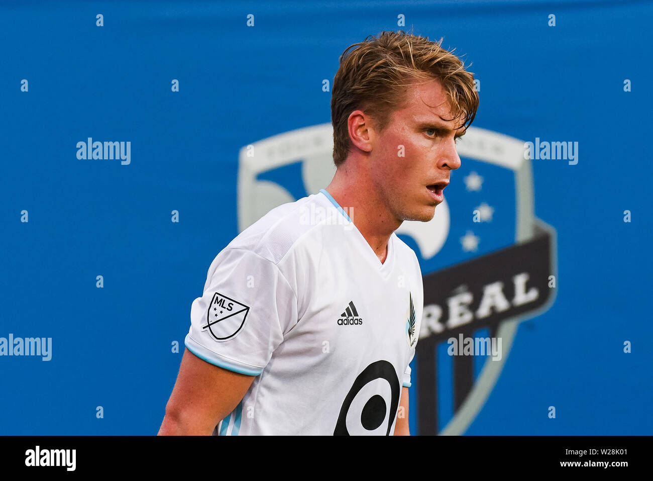 Montreal, QC, Kanada. 06 Juli, 2019. Blick auf Minnesota United FC Mittelfeldspieler Rasmus Schuller (20) Während die Minnesota United FC am Montreal Impact Spiel bei Saputo Stadium in Montreal, QC, Kanada. David Kirouac/CSM/Alamy leben Nachrichten Stockfoto