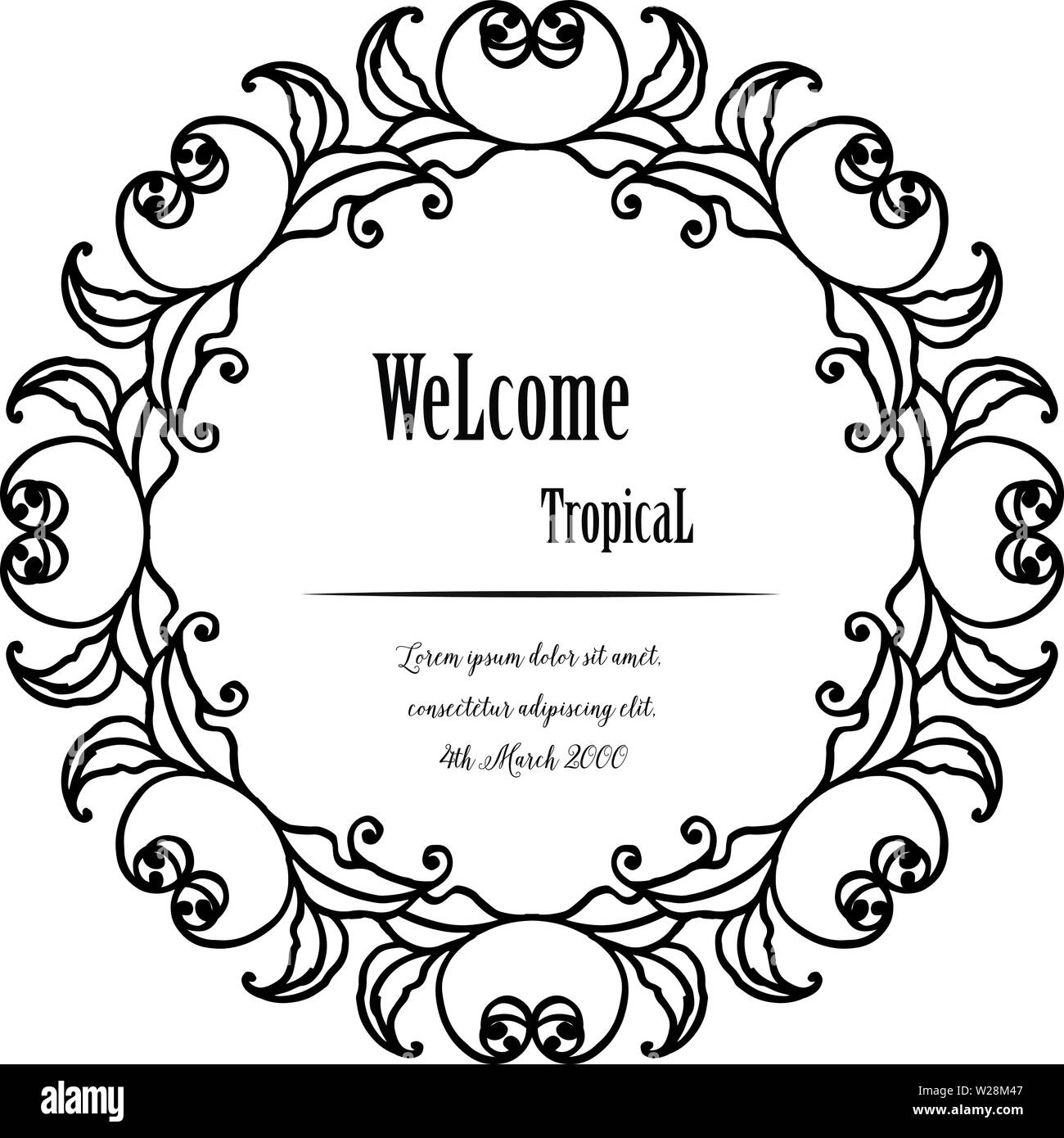 Vector Illustration Einladungskarte wellcome tropischen mit eleganten Blume Rahmen Hand gezeichnet Stock Vektor
