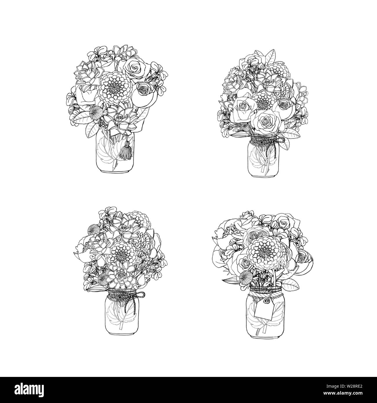 Hand gezeichnet Doodle style Bouquets verschiedener Blumen isoliert Stock Vektor