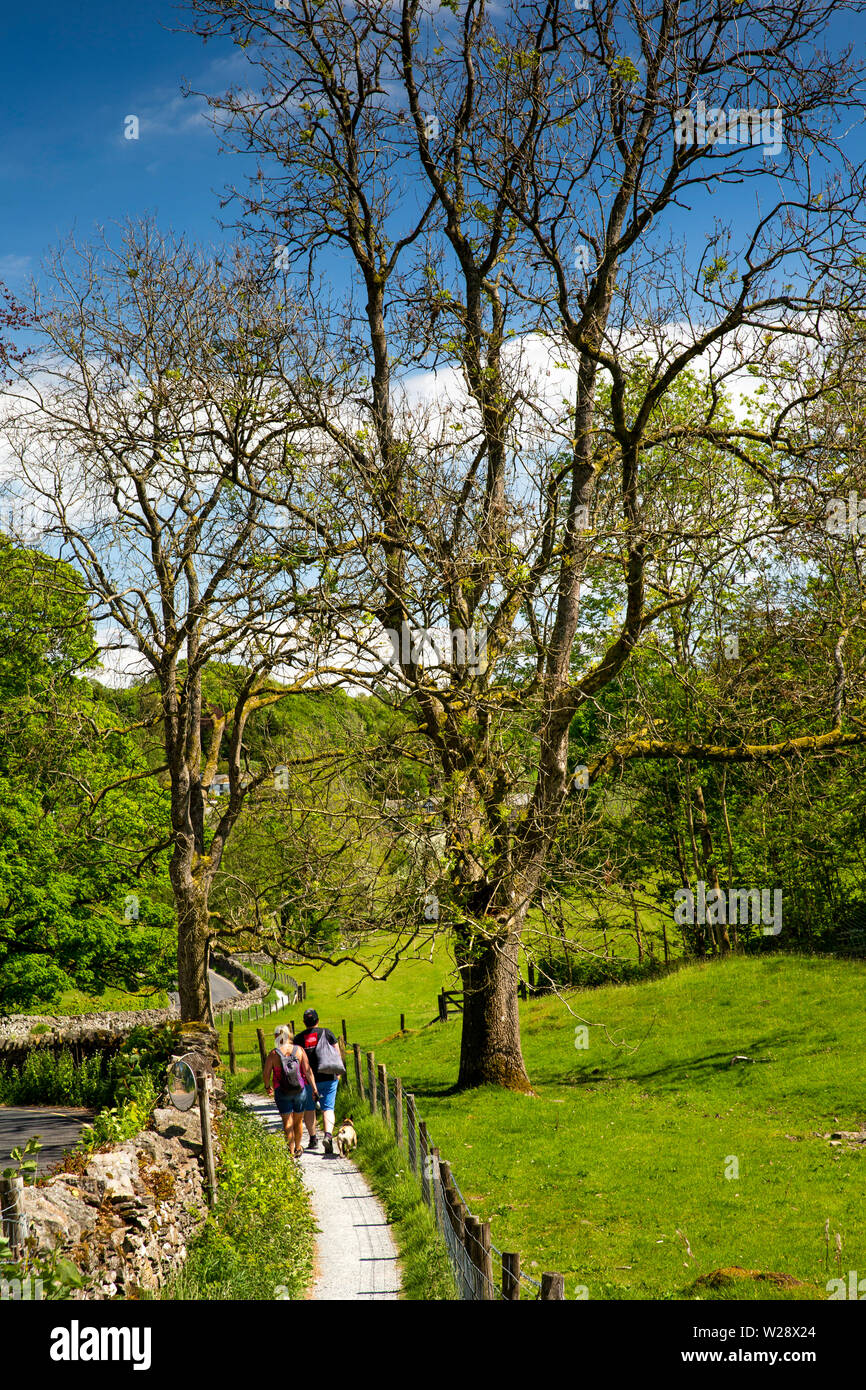 UK, Cumbria, Hawkshead, Near Sawrey, Paar mit Hund Wandern am Straßenrand weg ro Far Sawrey und Bowness Fähre Stockfoto