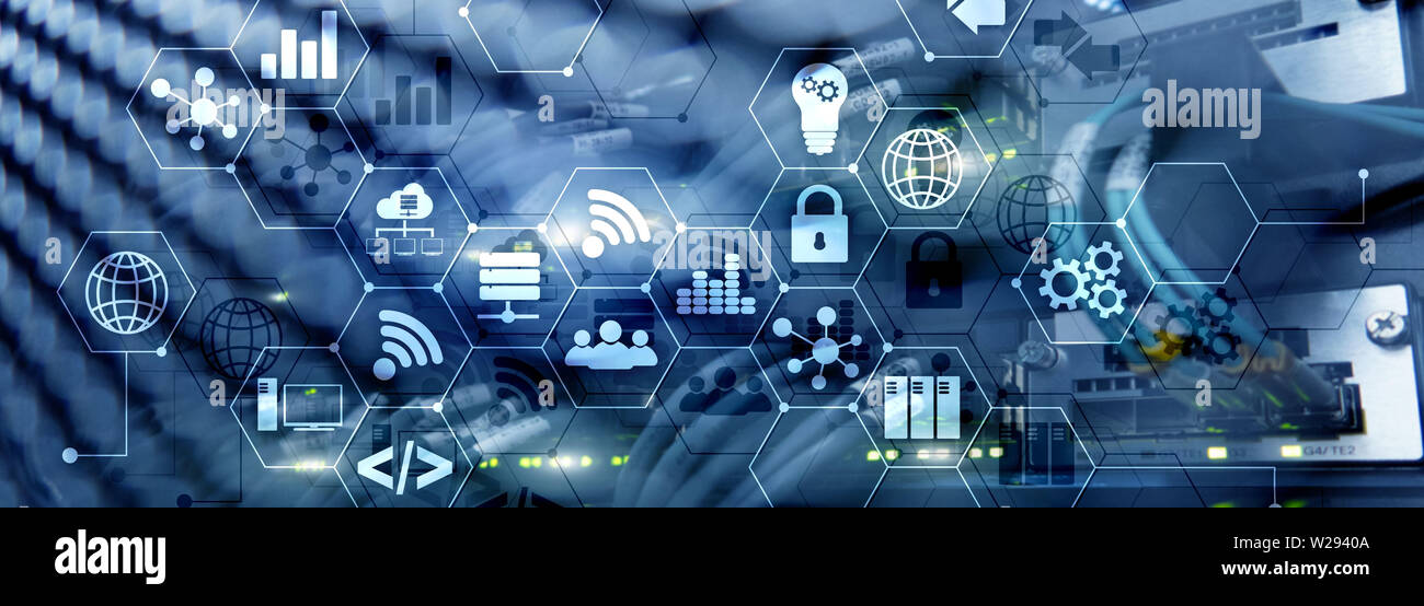 Ikt - Informations- und Telekommunikationstechnik und IOT - Internet der Dinge Konzepte. Diagramme mit Symbolen auf serverraum Hintergründe. Stockfoto