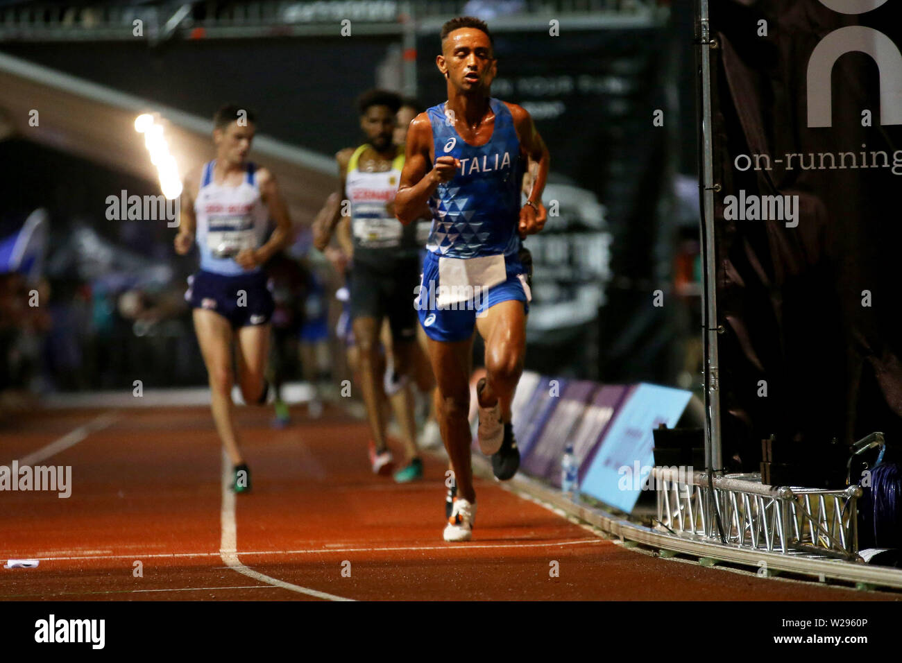 London, Großbritannien. 06 Juli, 2019. Yemaneberhan Crippa von Italien auf Europäischer 10.000 m Wm 2019, Leichtathletik Veranstaltung im Parlament Hill Leichtathletikanlage in Highgate, London am Samstag, den 6. Juli 2019. Bitte beachten Sie die redaktionelle Nutzung nur. pic von Tom Smeeth/Andrew Orchard sport Fotografie./Alamy Live News Credit: Andrew Orchard sport Fotografie/Alamy leben Nachrichten Stockfoto