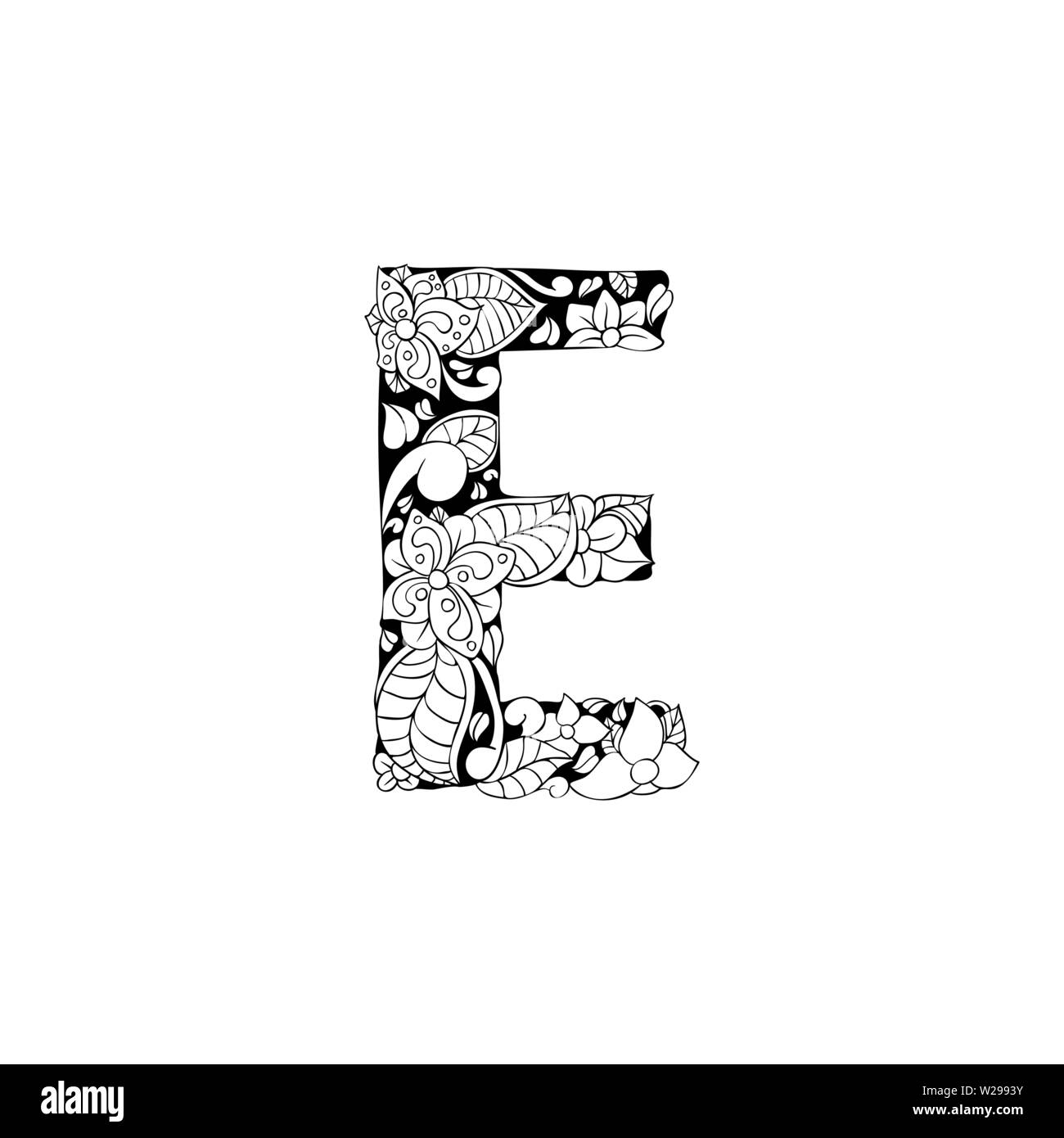Florale Brief outline Abbildung. Alphabet Symbol für malbuch oder Laserschneiden. Blätter, Blüten, Blütenblätter doodle Zeichnung. Monochromen linearen blühen. Monogramm mit schwarzen und weißen Batik Textur Stock Vektor