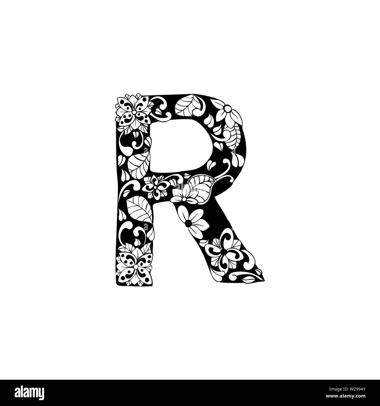 Florale Brief outline Abbildung. Alphabet Symbol für malbuch oder Laserschneiden. Blätter, Blüten, Blütenblätter doodle Zeichnung. Monochromen linearen blühen. Monogramm mit schwarzen und weißen Batik Textur Stock Vektor