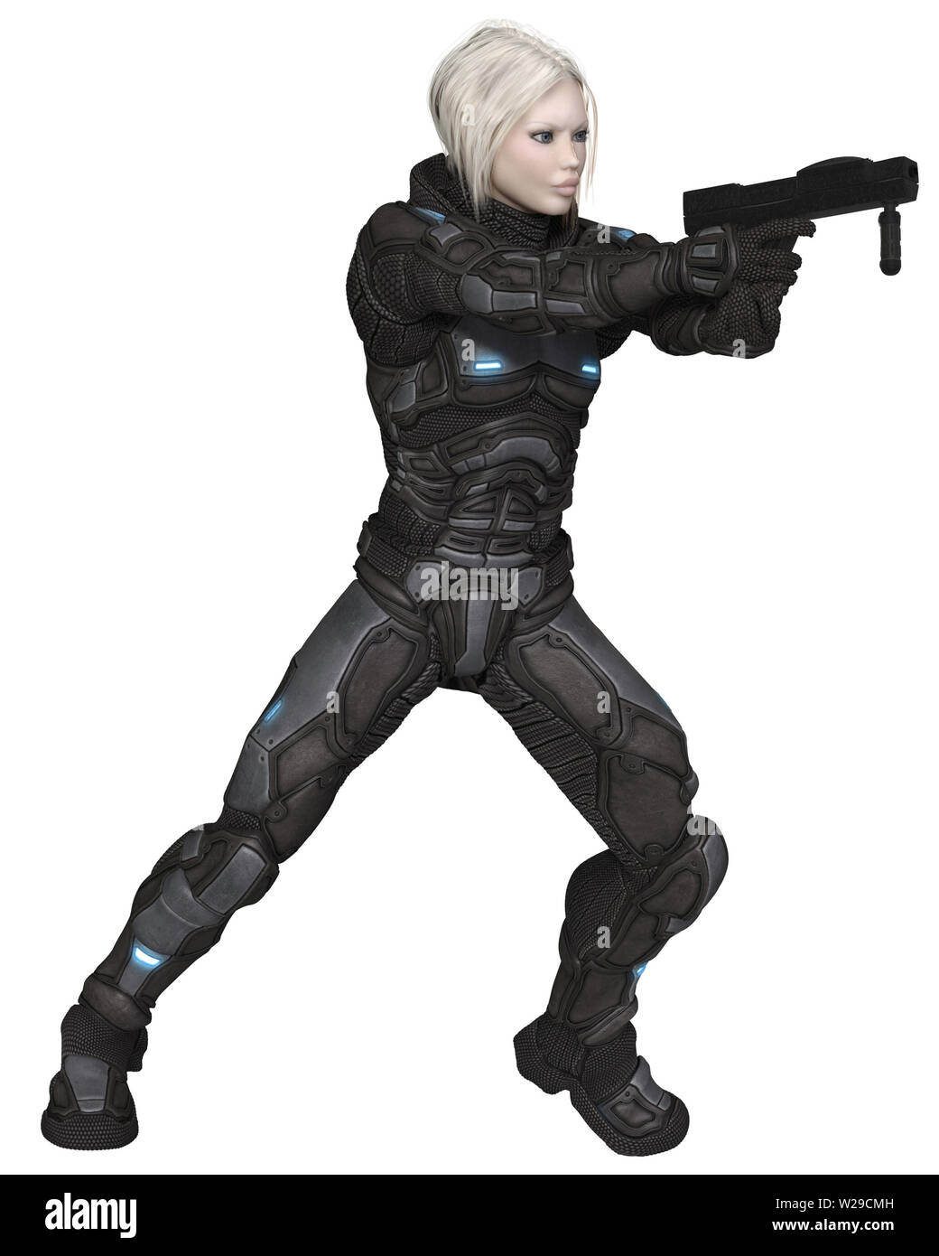 Infanterist der Zukunft, blonde Frau, Feuern Waffe Stockfoto