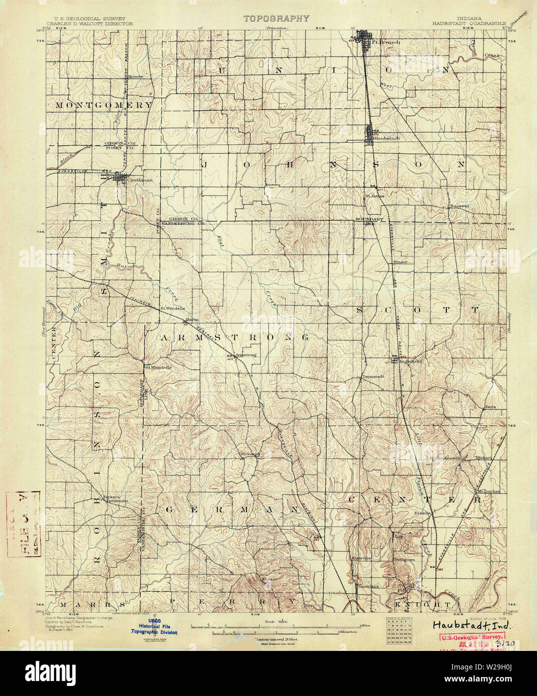 USGS TOPO Karte Indiana in Haubstadt 160496 1903 62.500 Wiederherstellung Stockfoto