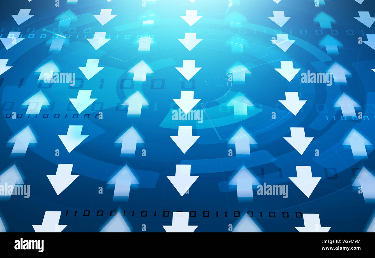 Viele Pfeil nach oben und Pfeil nach unten die Zeichen auf einem blauen Hintergrund Stockfoto