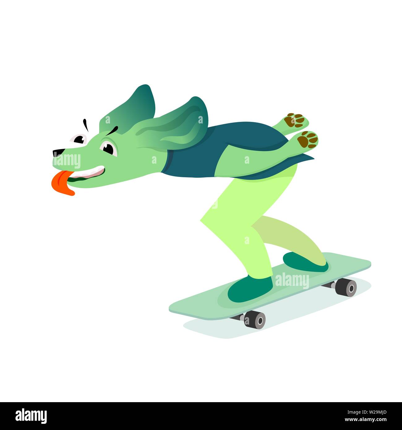 Lustig Hund spielen Skateboard in der aerodynamischen Haltung auf weißem Hintergrund. Stock Vektor