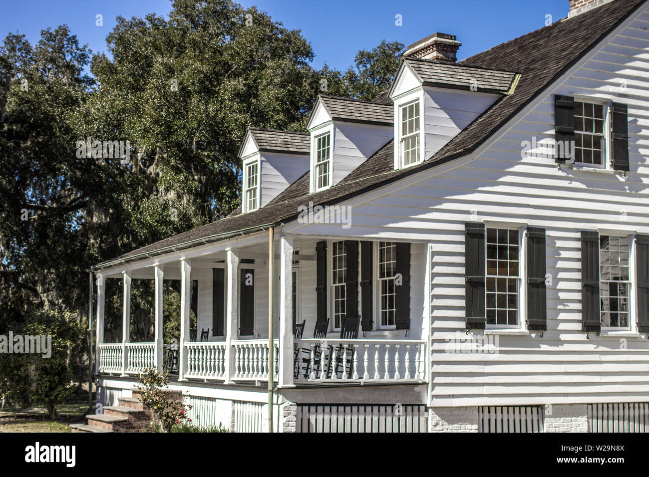 Außenansicht des historischen Hauses. Die Charles Pinckney National Historic Site in Charleston, South Carolina. Stockfoto