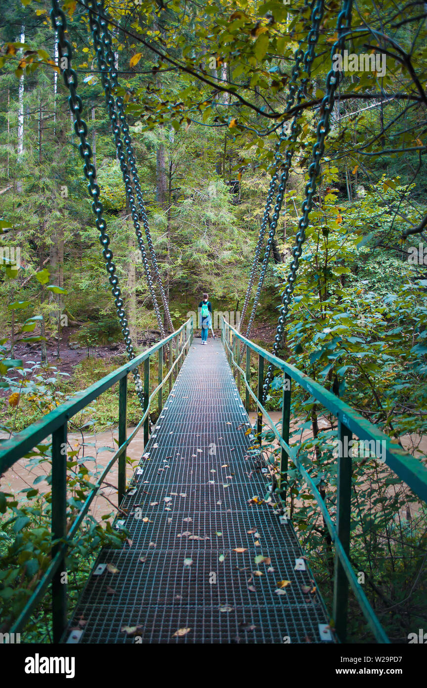 Zurück von einer jungen Frau auf einer metallenen Brücke über Fluss Hornad, Slovensky Raj. Hohe dunkelgrünen Kiefern, warmen Tag im September. Konzept der Abenteuer, activ Stockfoto