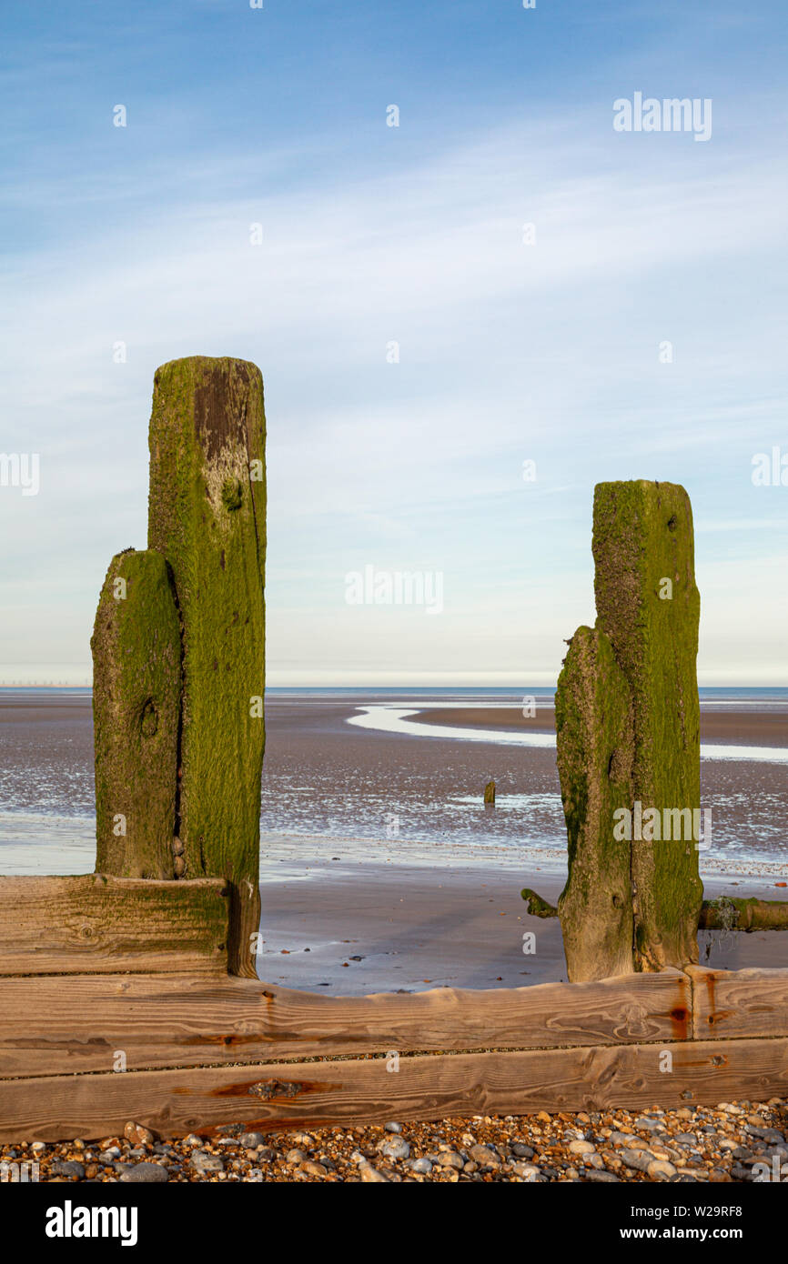 Teil eines alten Wellenbrecher am Ufer des Roggen Hafen Naturschutzgebiet Stockfoto