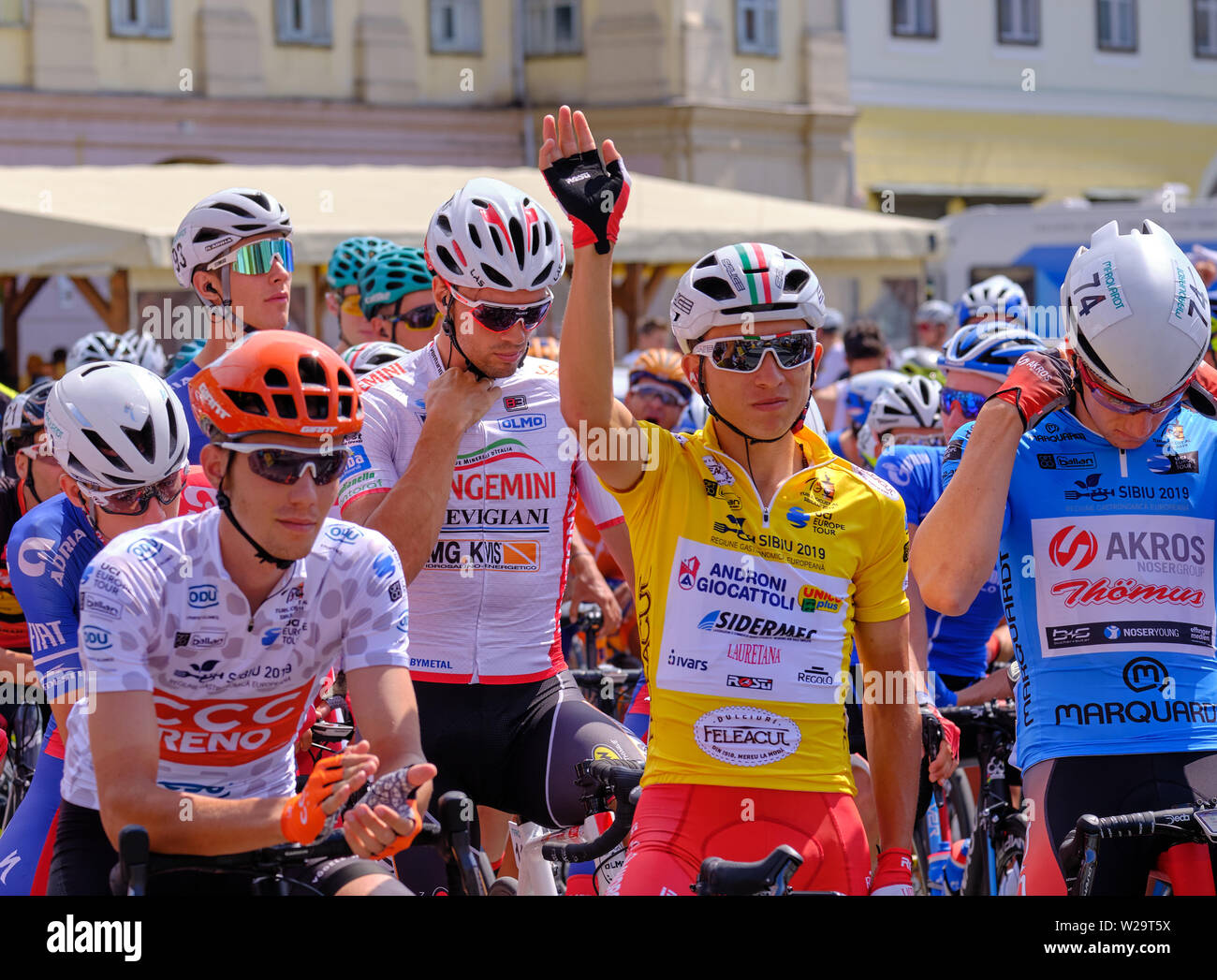 Kevin Rivera (team Androni Giocattoli - Sidermec) Gelbes Trikot zu Beginn der Stufe 4 der Radtour Sibiu, Rumänien, 7. Juli 2019 Stockfoto