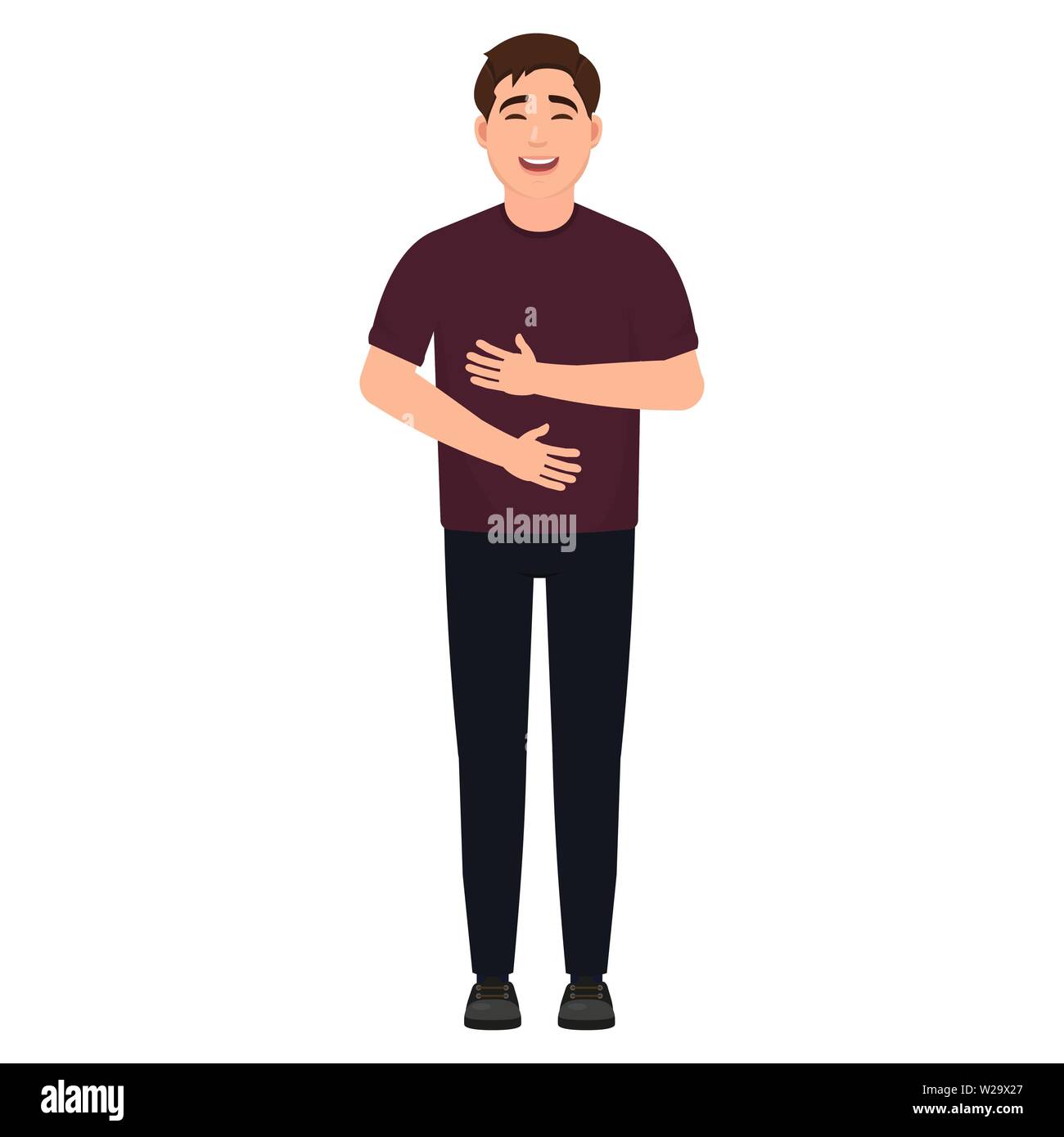 Der Mann lacht und hält die Hände auf den Bauch, glücklicher Mensch, Cartoon Character Vector Illustration Stock Vektor