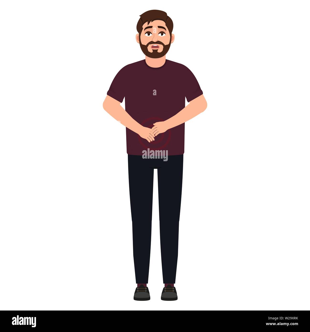 Der bärtige Mann hält die Hände auf Bauch, Bauchschmerzen, Cartoon Character Vector Illustration Stock Vektor